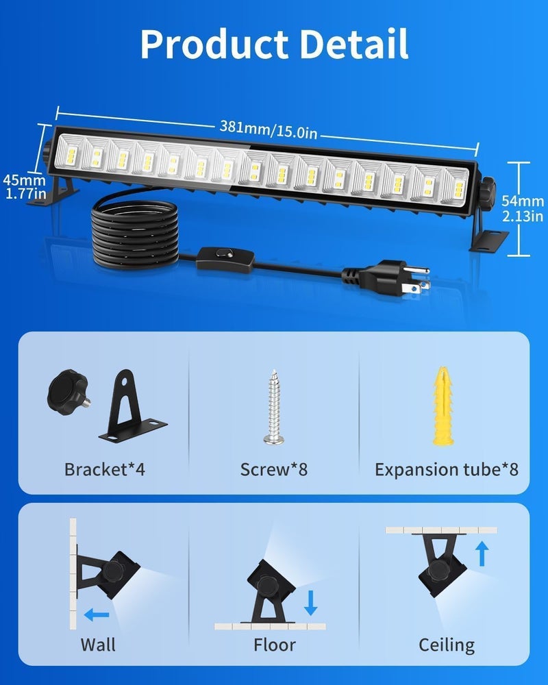 THECHAM IP66 Waterproof 45W LED Shop Lights, 5400LM 6000K Daylight White Garage Light with 6FT Power Cord & Switch, Plug in LED Work Light for Garage, Workshop, Warehouses, Basement, Yard, 2 Pack - Image 3
